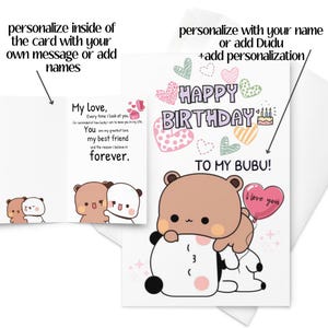 May include: A white greeting card with a cartoon bear holding a heart-shaped balloon that says "I love you." The card says "Happy Birthday To My Bubu!" and has a message inside that says "My Love, Forever."