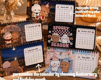 Könnte beinhalten: Ein Set aus vier spiralgebundenen Tischkalendern mit Cartoon-Bären-Illustrationen für die Monate März, Mai, September, Oktober und November 2027, mit Texten wie Spooky Season, Happy Anniversary und My Love.