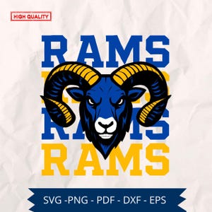May include: A blue and gold graphic featuring a ram's head with large horns, set against the word "RAMS" repeated three times. The image includes the text "HIGH QUALITY" and file type options: SVG, PNG, PDF, DXF, and EPS.