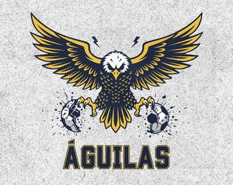 Puede incluir: Un diseño gráfico con un águila estilizada con las alas extendidas, sosteniendo balones de fútbol. El águila es de color azul marino y dorado, con la palabra "ÁGUILAS" en dorado. El diseño incluye el texto "SVG - PNG" y "HIGH QUALITY".