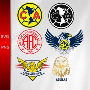 Könnte beinhalten: Eine Sammlung von Club América-Logos in verschiedenen Designs. Die Logos zeigen die Farben des Teams, Gelb, Blau und Rot, mit dem ikonischen Adler und den Buchstaben "CA" prominent dargestellt. Die Logos sind im SVG- und PNG-Format.