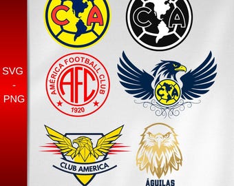 Puede incluir: Una colección de logotipos del Club América en varios diseños. Los logotipos presentan los colores del equipo, amarillo, azul y rojo, con el icónico águila y las letras "CA" en un lugar destacado. Los logotipos están en formatos SVG y PNG.
