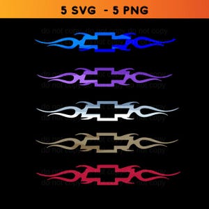 Puede incluir: Un fondo negro muestra cinco gráficos de diferentes colores. Cada gráfico presenta un logotipo de Chevrolet estilizado con extensiones en forma de llama. Los colores incluyen azul, morado, plateado, beige y rojo. El texto "5 SVG - 5 PNG" está en la parte superior.