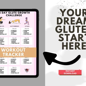 Op de afbeelding: Een digitale tablet toont een 14-daags trainingsschema voor de groei van de bilspieren. Het plan omvat squats, glute bridges en lunges. De tekst "Your Dream Glutes Start Here" staat rechts, met een pijl die naar een rode knop "Instant Download" wijst.