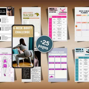 Op de afbeelding: Een verzameling fitnesstrackers en planners, waaronder een 4-weekse booty challenge-gids, een wekelijkse gewoontetracker en een maaltijdplanner. De pagina's bevatten roze, paarse en turquoise accenten, met een vrouw die een workout demonstreert op een smartphone.