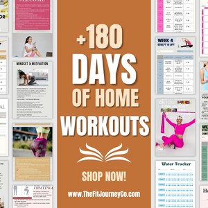 Op de afbeelding: Een collage van trainings- en fitnessplanpagina's met de tekst "+180 DAYS OF HOME WORKOUTS" in grote witte letters op een bruine achtergrond. De pagina's bevatten trainingsroutines, voedingsrichtlijnen en gewoontetrackers. De tekst "SHOP NOW!" is ook zichtbaar.