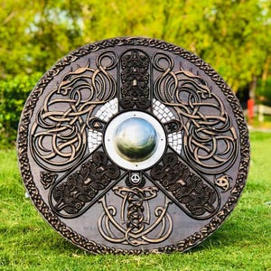 Custom Wikinger Schild | Holz Wand Dekor | Jörmungandr geschnitzt | Rundes Schaukampfschild | Mittelalter Geschenk | Wikinger Schild