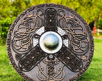 Jörmungandr Carved Viking Shield: Wood Wall Decor, Medieval Gift
