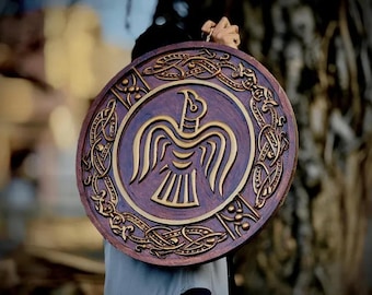 Wood Carved Raven Viking Shield: Norse Pagan Wall Decor