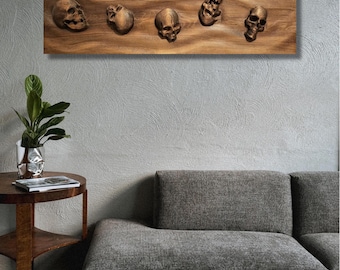 Calavera gótica tallada en madera: Macabro colgante de pared - Decoración oscura para el hogar