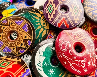 CLOSEOUT - Hand Painted Peruvian Ceramic Tribal Design Donuts Beads - Mix - 100 pieces