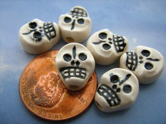 Tiny Pirate Skull Beads Peruvian Beads, Ceramic Beads, Lots of 4