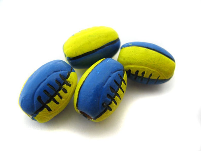 10 Ceramic Rugby Beads Blue and Yellow