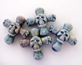 4 Raku Cross with Skull Pendants - Beads - RAK289