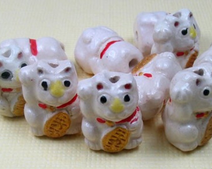 4 Ceramic Animal Beads Tiny White Good Luck Kitty Cat Etsy
