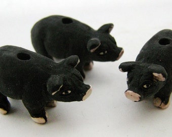 10 Large Black Pig Beads - Standing - Peruvian Beads - Ceramic Beads - LG246