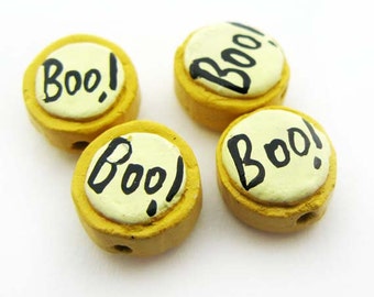 4 Tiny Boo Cookie Beads - ceramic bead, hand painted, peruvian, halloween beads - CB760