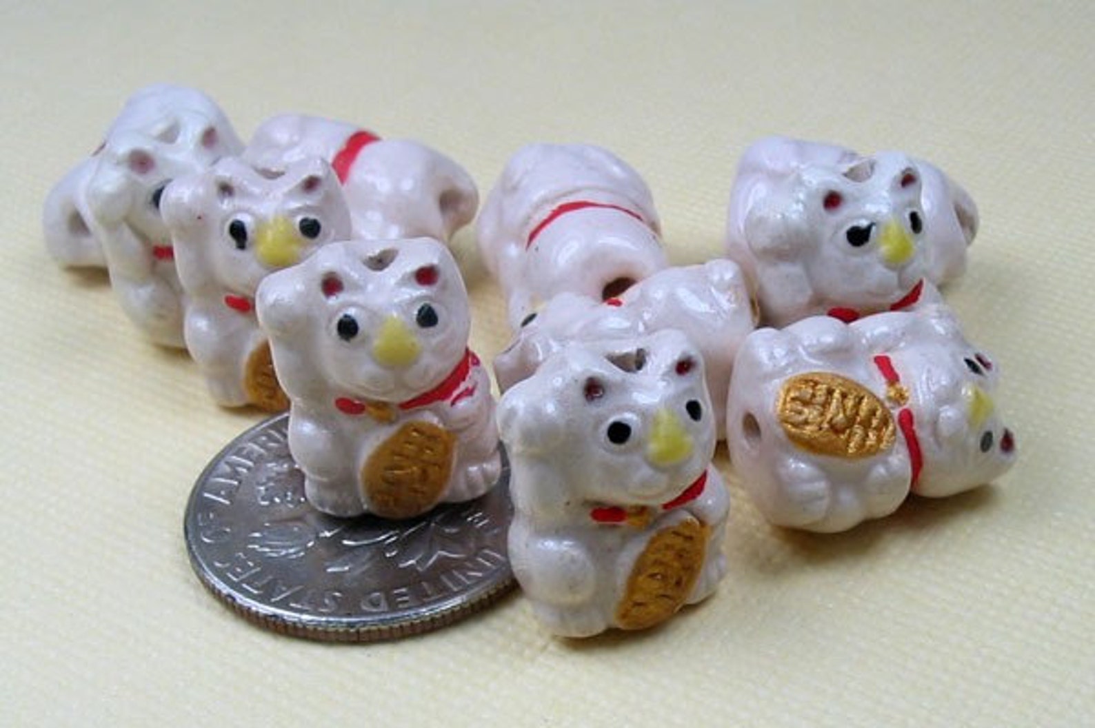 4 Ceramic Animal Beads Tiny White Good Luck Kitty Cat Etsy
