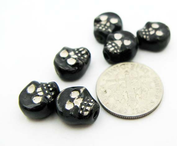 Tiny Pirate Skull Beads Peruvian Beads, Ceramic Beads, Lots of 4