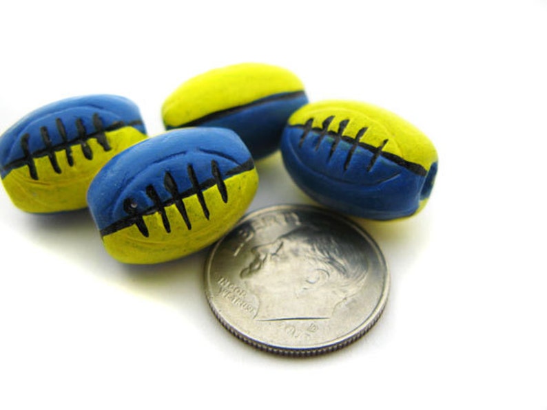 10 Ceramic Rugby Beads Blue and Yellow