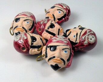 4 Large Pirate First Mate Beads Glazed scarf - Peruvian, Ceramic,  Skull, Halloween - LG398