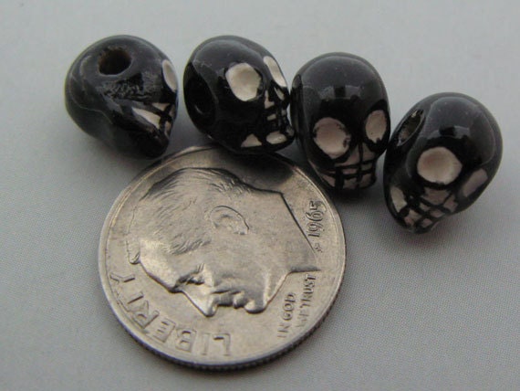Tiny Pirate Skull Beads Peruvian Beads, Ceramic Beads, Lots of 4