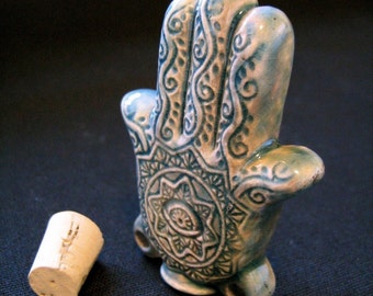 Raku Ceramic Bottle Bead - Hamsa Hand - RAKBOT44