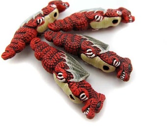 4 Large Red Dragon Beads - ceramic bead, hand painted, peruvian, dragon beads, large hole, hemp - LG70