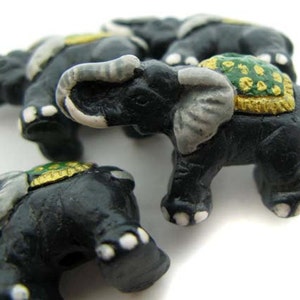 4 Large Elephant Beads with green manta - ceramic bead, hand painted, peruvian, animal beads, large hole, hemp - LG300