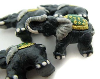 4 Large Elephant Beads with green manta - ceramic bead, hand painted, peruvian, animal beads, large hole, hemp - LG300