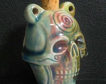 Raku Ceramic Bottle Bead - Skull With Spiral - RAKBOT62 - skeleton, halloween, bead, hemp, peruvian,