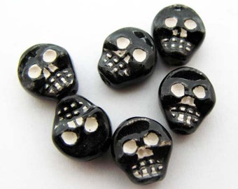 10 Ceramic Beads - Tiny Flat Black Skull Beads - CB581