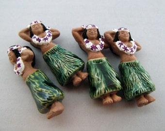 4 Large Hula Girl Beads - ceramic beads, peruvian beads, hand painted, tropical beads - LG446