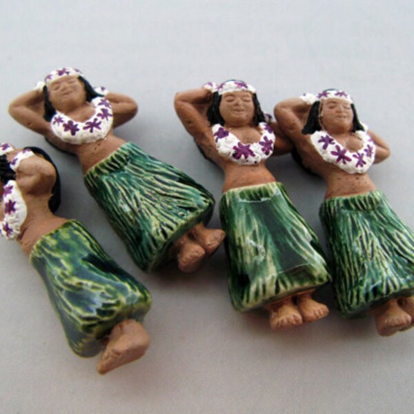 4 Large Hula Girl Beads - ceramic beads, peruvian beads, hand painted, tropical beads - LG446