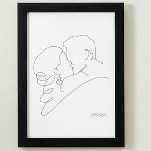 Póster minimalista de boda, regalo de boda digital, dibujo lineal de pareja, mural de boda de amor, póster de pareja de novios.