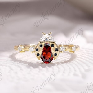 Ruby Ladybug Engagement Ring Solid Gold Nature Inspired Ring Black Onyx Wedding Ring for Women Handmade Anniversary Jewelry Gift for Her
