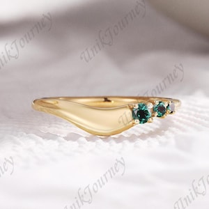 Curved Emerald Wedding Band: Solid Gold Stackable Ring, Minimalist Design