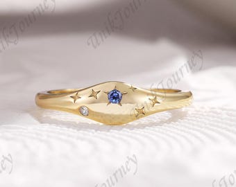 Star Design Cornflower Sapphire Engagement Ring Minimalist Solid Gold Handmade Wavy Wedding Ring for Women Personalized Jewelry Promise Ring
