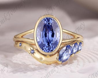 Cornflower Sapphire Engagement Ring Set, Solid Gold Star Engraved Wedding Rings for Women, Handmade Celestial Promise Rings for Her