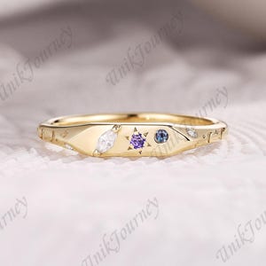 Purple Sapphire Wedding Band, Star Engraved Gold Ring Moissanite Celestial Stacking Band, Handmade Organic Wedding Ring Promise Ring for Her