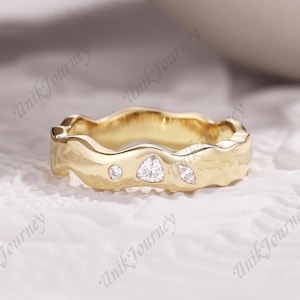 Moissanite Men's Wedding Band Solid Gold Stacking Organic Wedding Ring Handmade Stackable Wave Ring for Men Anniversary Gift for Him
