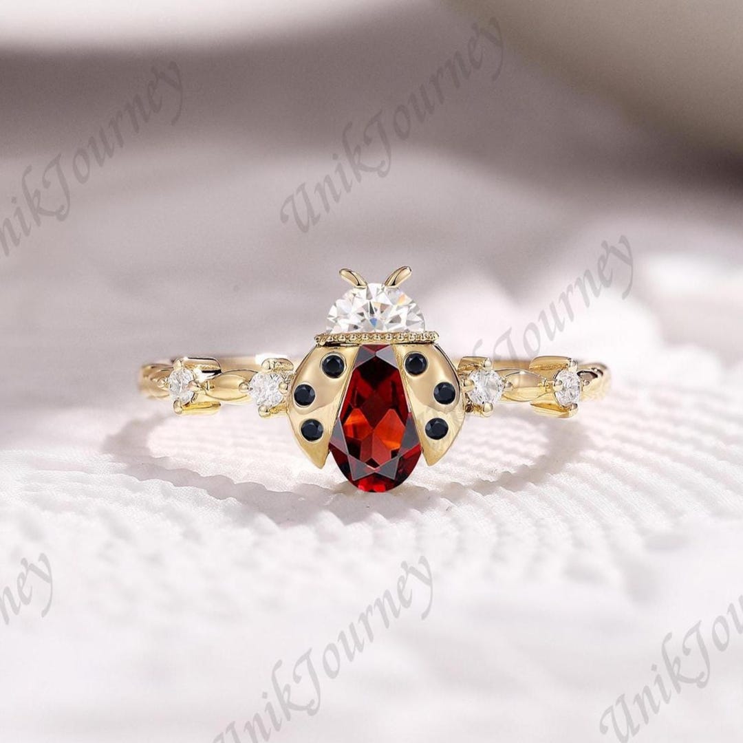 Ruby Ladybug Engagement Ring for Women, Solid Gold Black Onyx Ring ...