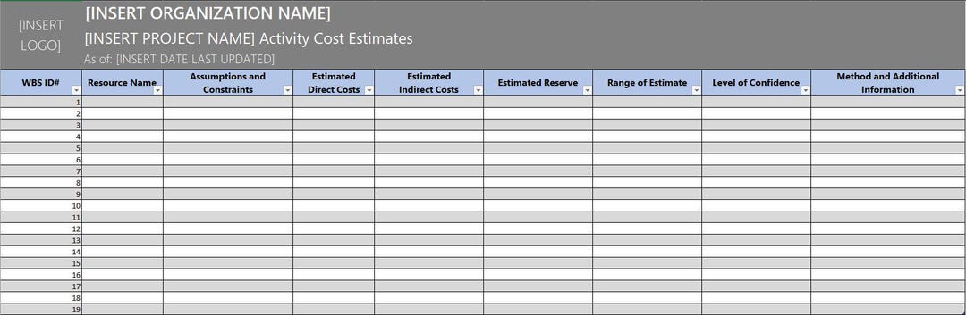 Project Management - Activity Cost Estimates Template - Excel - Etsy