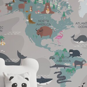 Kids World Map Wallpaper | Peel Stick Whimsical Animal Mural | Nursery Worldmap Wall Decor