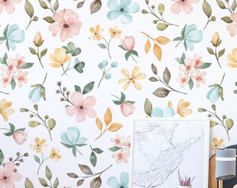 Watercolor Floral Wallpaper | Colorful Botanical Soft Pastel Repeating Pattern  Peel and Stick Wall Mural