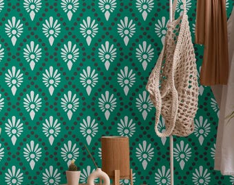 Green Art Deco Floral Geometric Wallpaper | Removable Retro Pattern