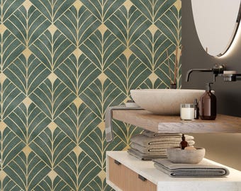 Art Deco Peel Stick Wallpaper | Green Gold Leaf Pattern | Vintage Glam Kitchen Bathroom Decor