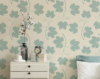 Sage Green Vine Leaf Botanical Wallpaper | Vintage Spring Nature Repeating Peel and Stick Mural