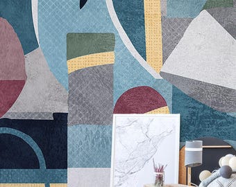 Modern Geometric Abstract Wallpaper | Blue Peel and Stick Wall Mural Art | Bold Contemporary Design