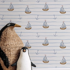 Nautical Kids Wallpaper | Light Blue Sailboat Anchor Peel and Stick Nursery Mural
